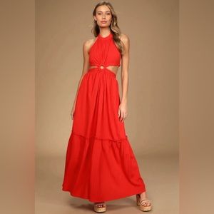 Lulus Island Vacay Red Tie-Back Maxi Halter Dress Sz S